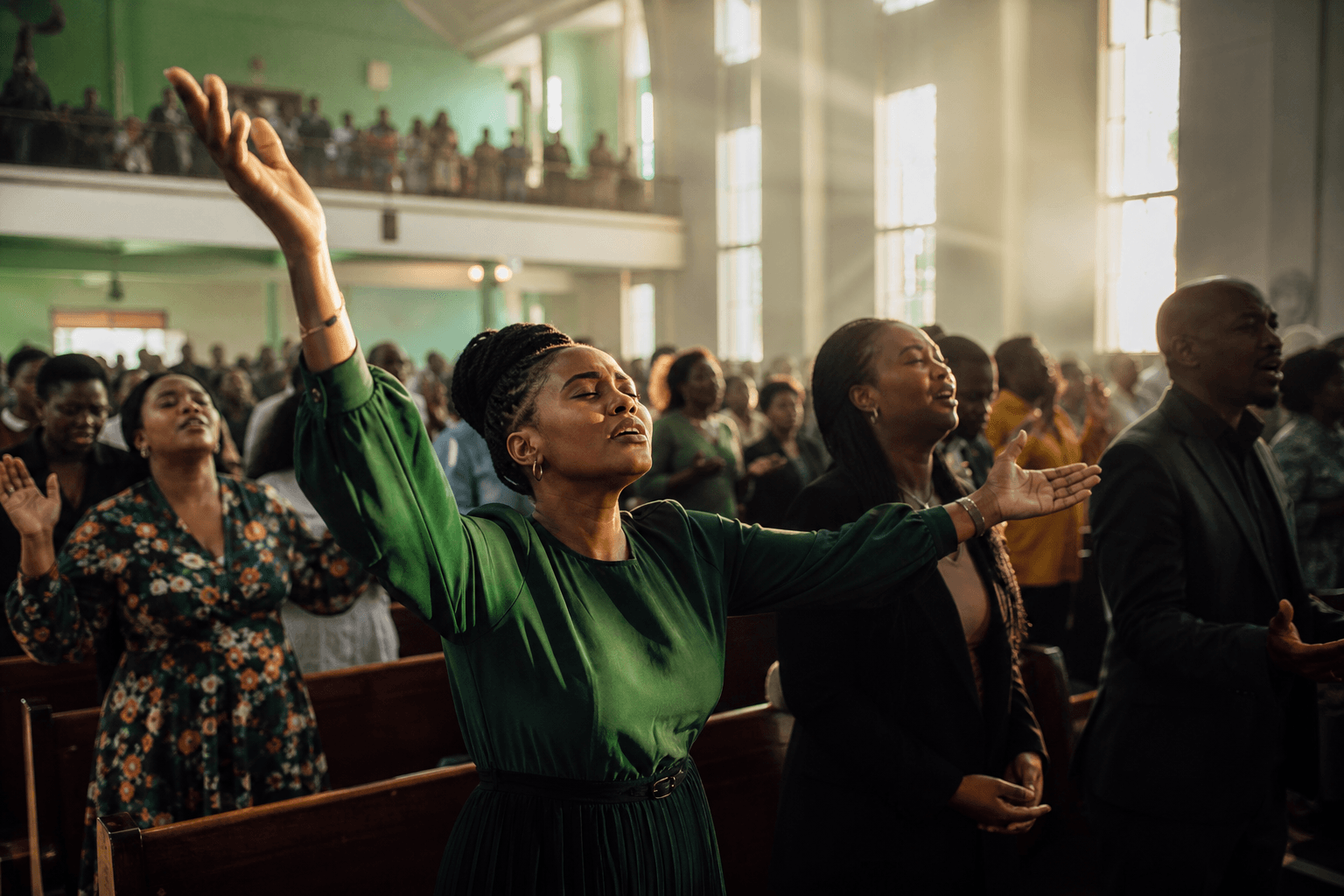 South African congregation worshipping together in warm morning light