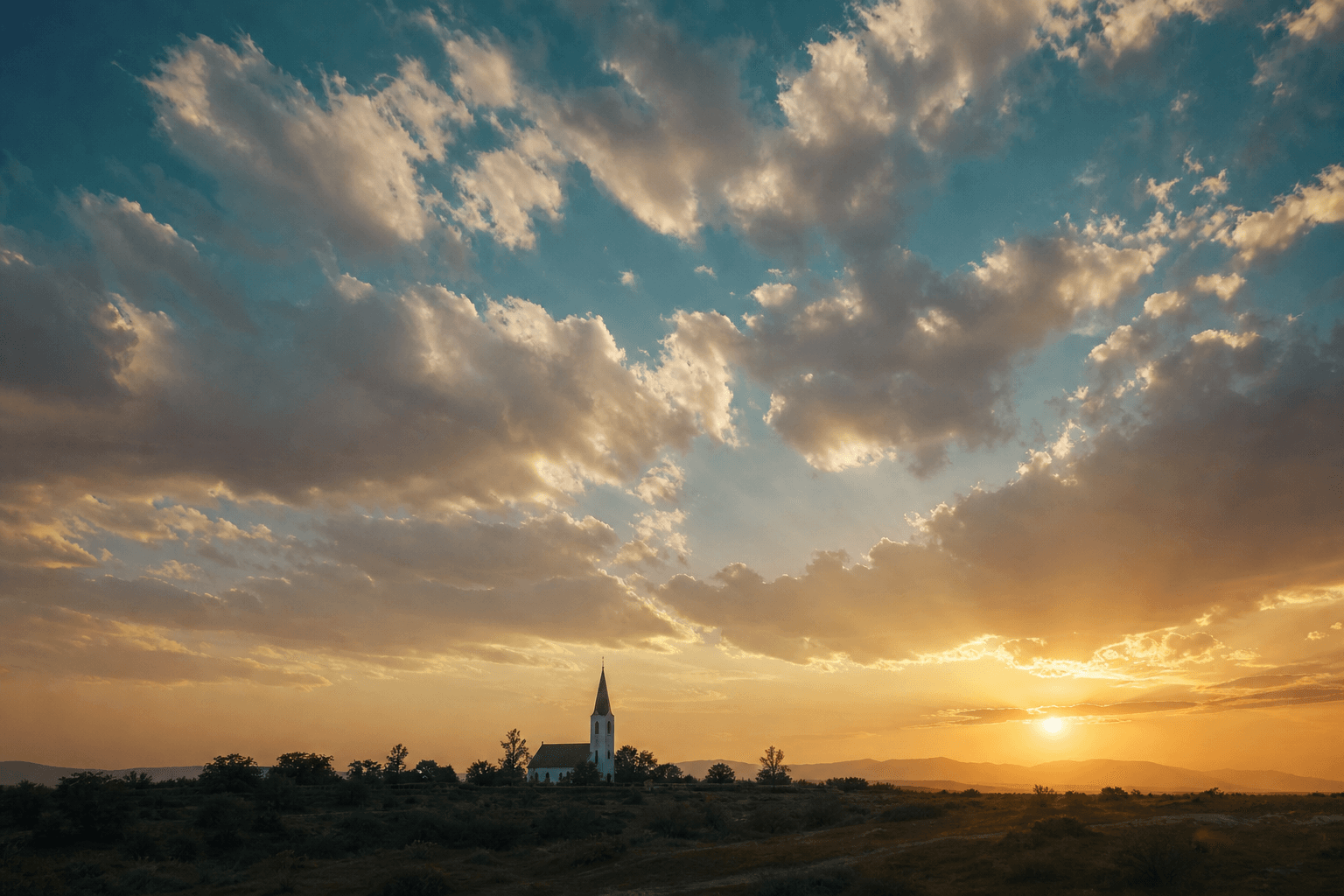 Peaceful sky above a church steeple at golden hour